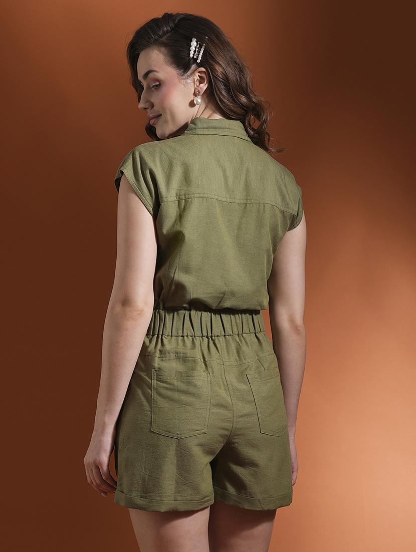globus women olive shirt collar big button closure military style mini causal jumpsuit - 21463129 - Standard Image - 2
