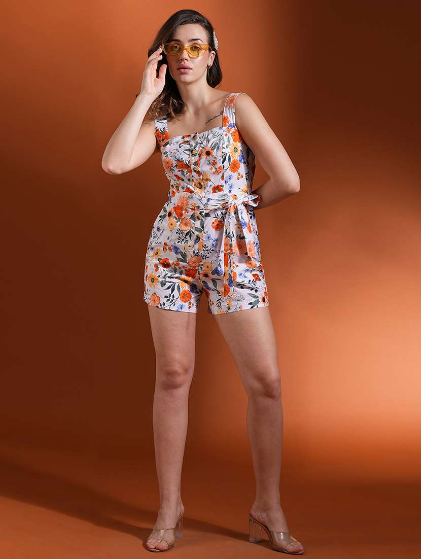 globus women white allover floral print sqaure neck strappy sleeves waist tie-up big button closure mini causal jumpsuit