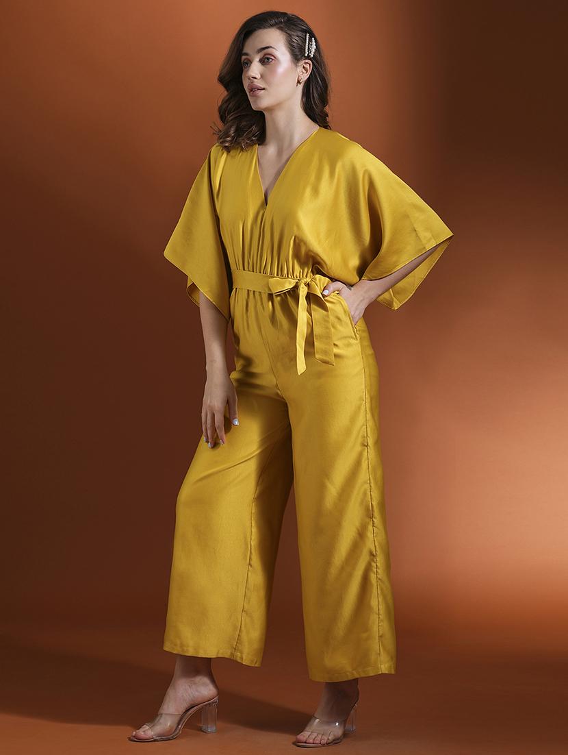 globus women lime green v-neck kimono style extended sleeves waist tie-up flared hem work wear jumpsuit - 21463132 - Standard Image - 2