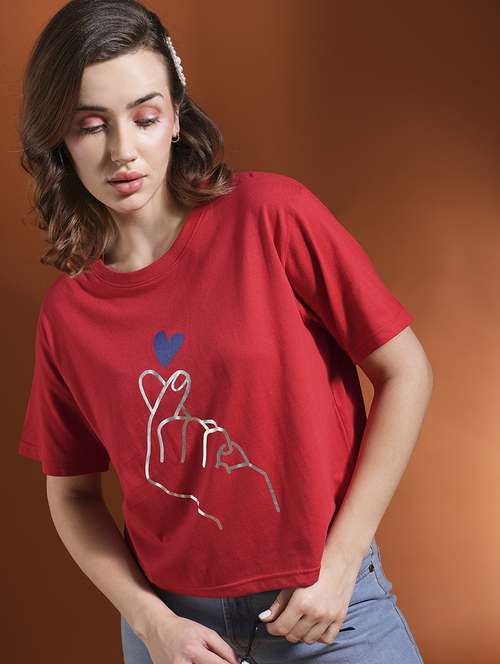 globus women red drop shoulder korean graphic printed oversized trendy crop t-shirt - 21463134 -  Standard Image - 0