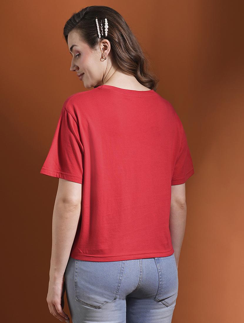 globus women red drop shoulder korean graphic printed oversized trendy crop t-shirt - 21463134 - Standard Image - 2