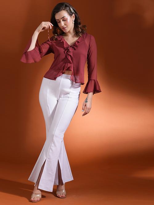 globus women maroon ruffles tie-up neck bell sleeves georgette party top - 21463137 - Standard Image - 0