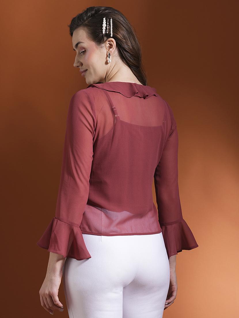 globus women maroon ruffles tie-up neck bell sleeves georgette party top - 21463137 - Standard Image - 2