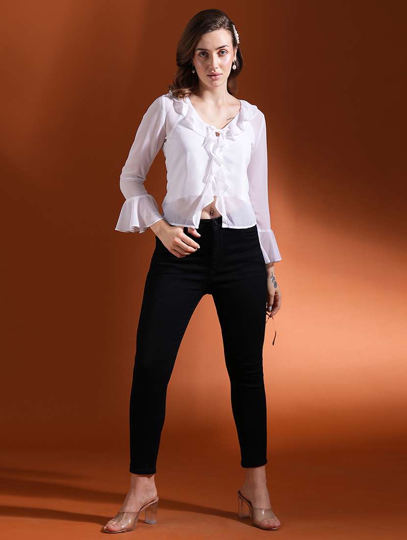 globus women white ruffles tie-up neck bell sleeves georgette party top