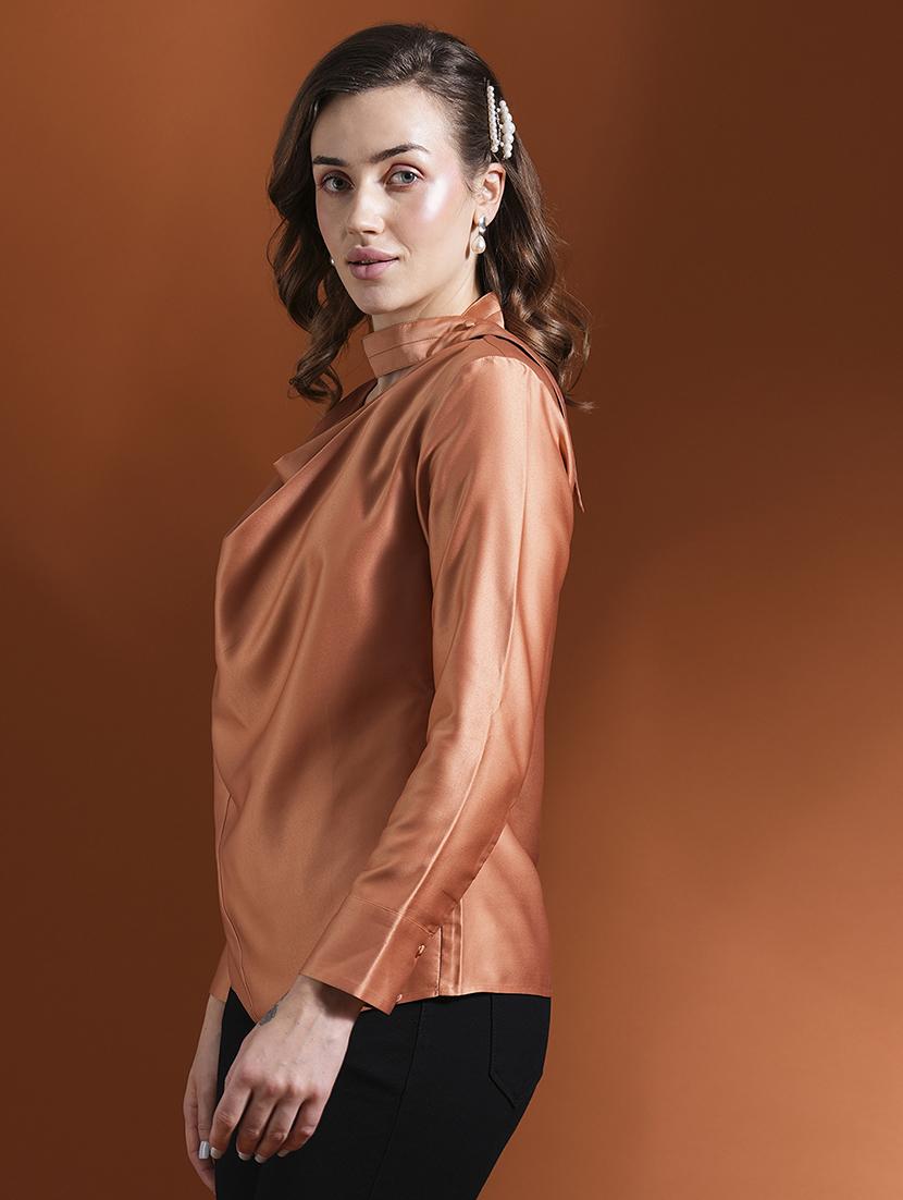 globus women rust cowl neck long cuffed sleeves stain workwear top - 21463141 - Standard Image - 2