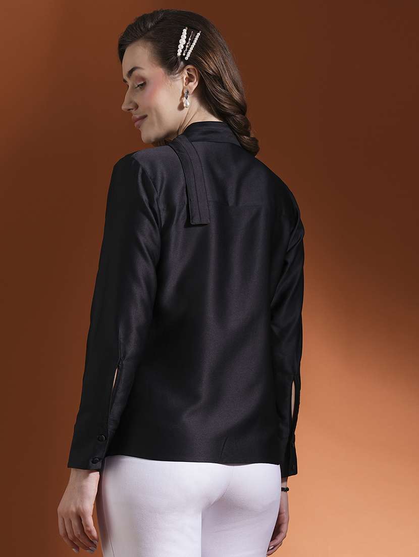 globus women black cowl neck long cuffed sleeves stain party top - 21463142 -  Standard Image - 2