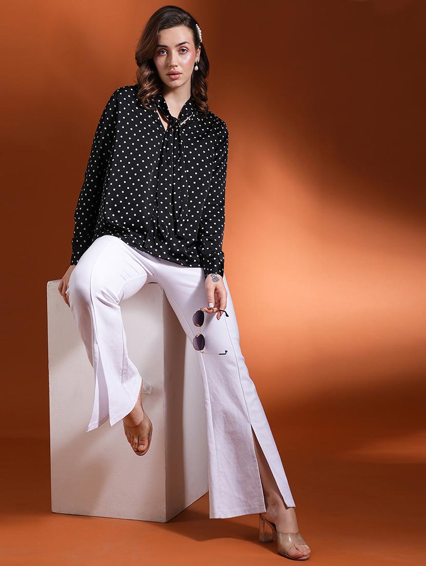 globus women black polka dots tie-up neck cuffed sleeves stain work wear top - 21463143 - Zoom Image - 0