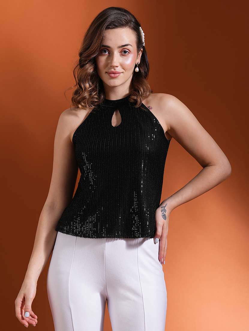 globus women black halter keyhole neck sequinned party top