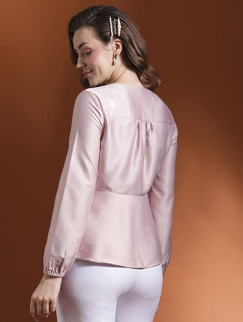 globus women pink v-neck bishops sleeves satin peplum workwear top - 21463148 -  Standard Image - 2