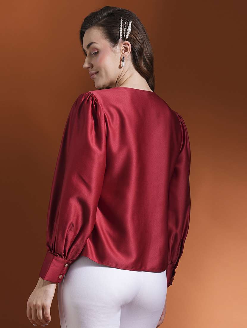globus women maroon wrap v-neck bishop cuffed sleeves satin workwear top - 21463151 -  Standard Image - 2