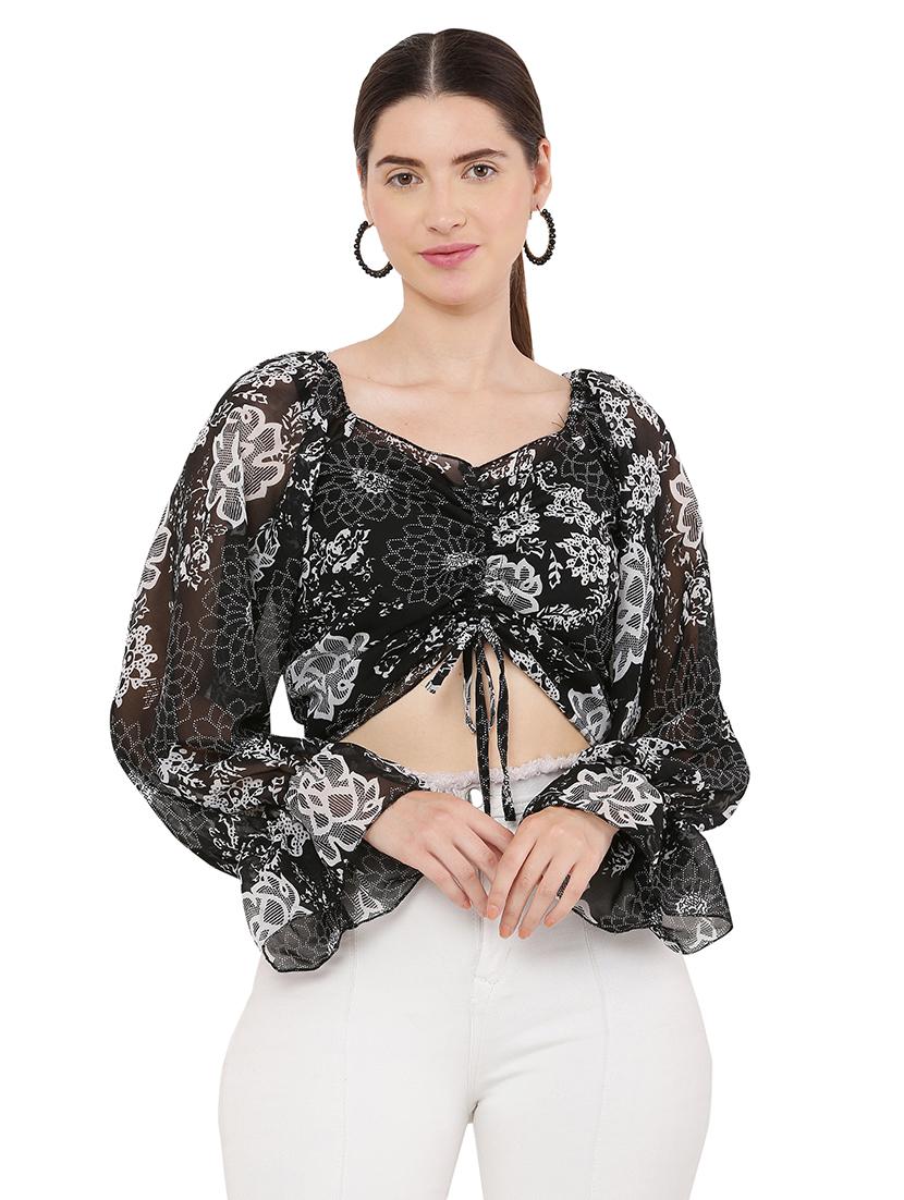 women floral print long sleeves crop top - 21463167 -  Zoom Image - 0
