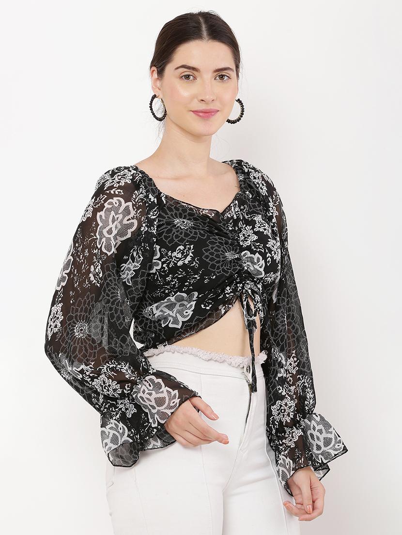 women floral print long sleeves crop top - 21463167 - Standard Image - 2