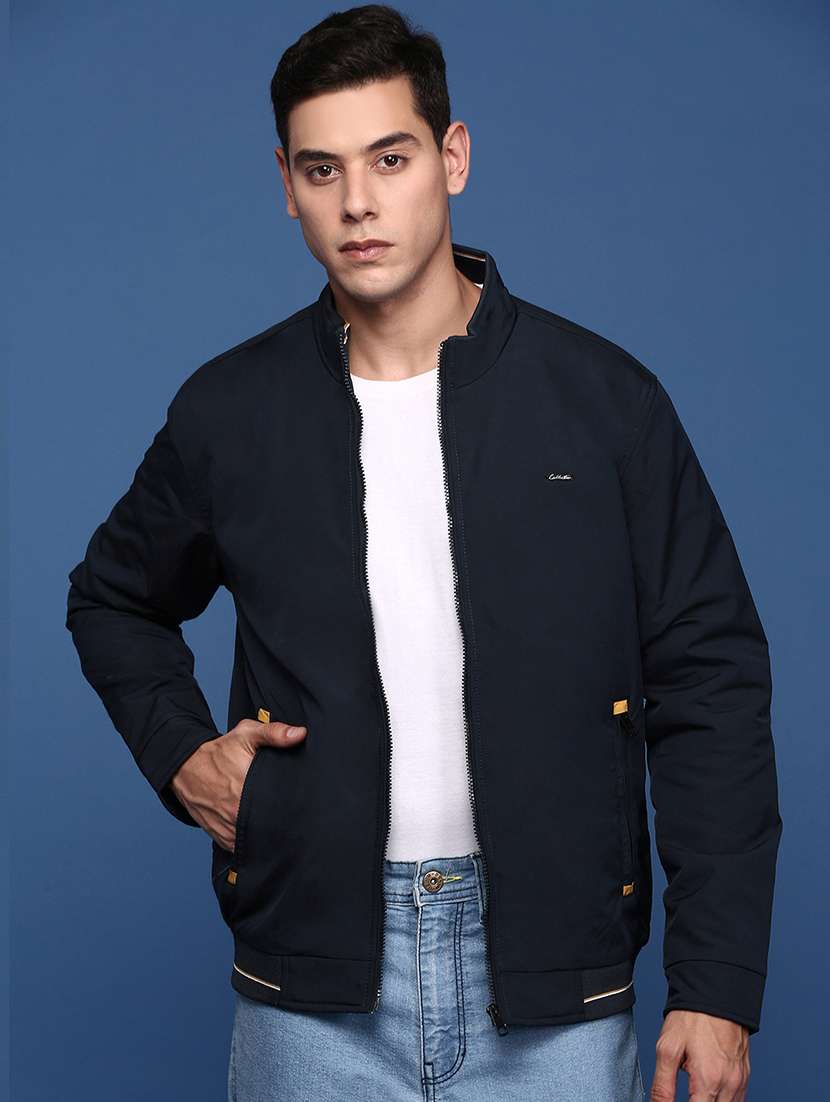 navy blue nylon bomber jacket