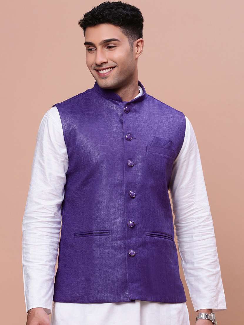 purple cotton blend nehru jacket