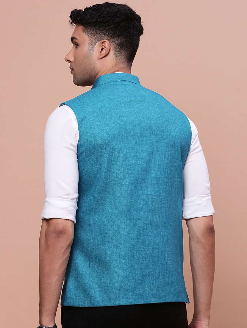 light blue solid nehru jacket - 21463349 -  Standard Image - 2