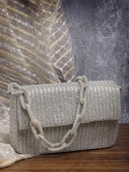 silver embellished silk fold over clutch