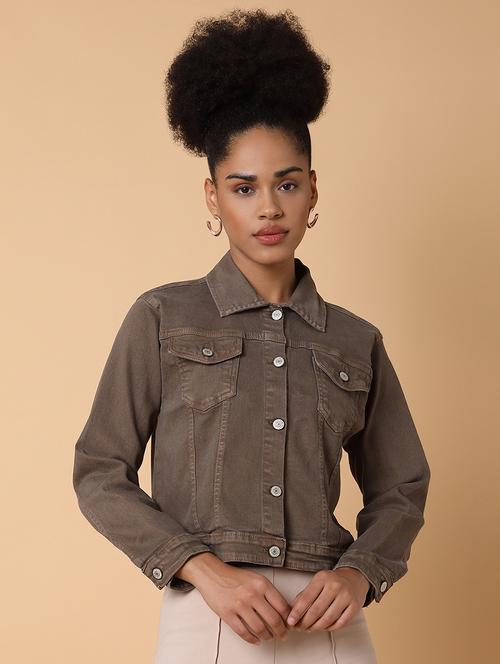 women brown long sleeves denim jacket - 21463470 -  Standard Image - 0
