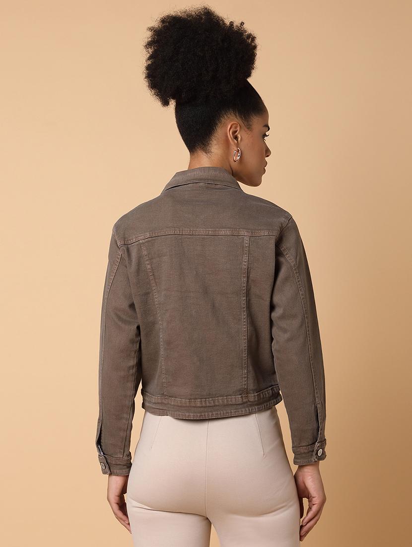 women brown long sleeves denim jacket - 21463470 - Standard Image - 2