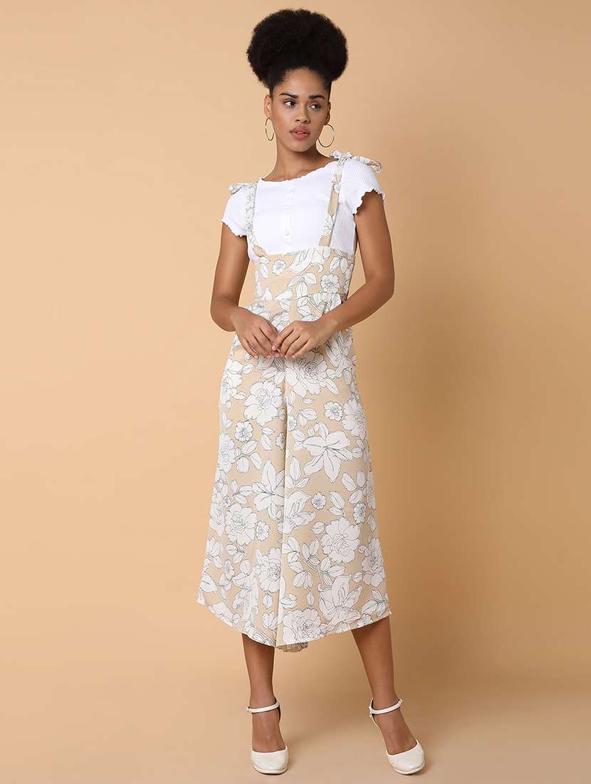 beige floral print calf length jumpsuit