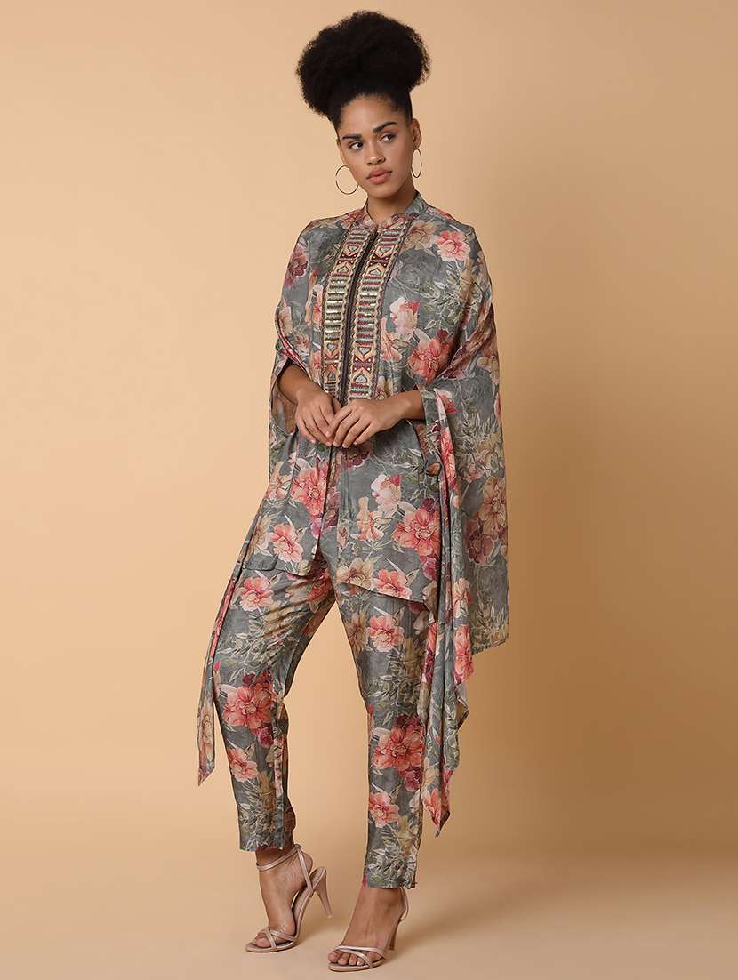women floral printed mandarin neck fusion set - 21463493 -  Standard Image - 2