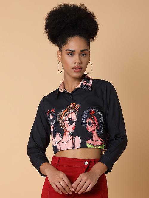 women printed long sleeves crop shirt - 21463502 - Standard Image - 0