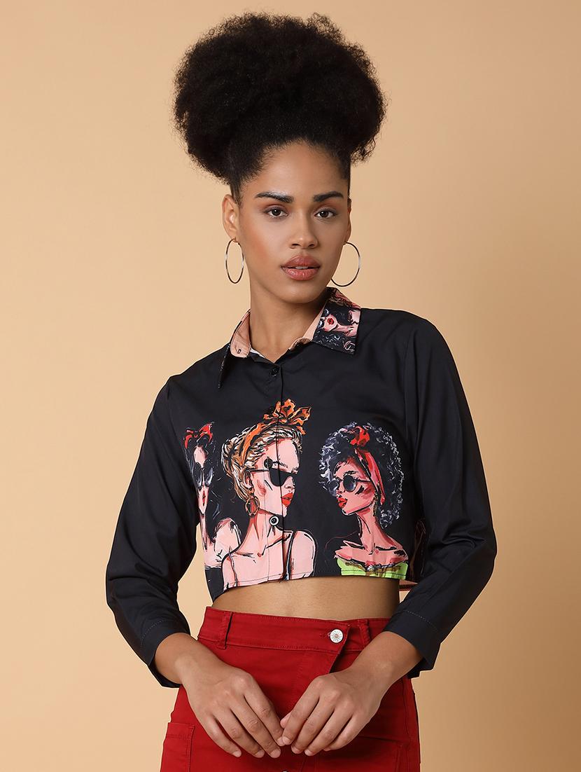 women printed long sleeves crop shirt - 21463502 - Zoom Image - 0