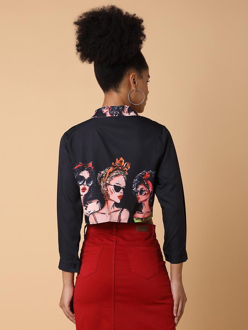 women printed long sleeves crop shirt - 21463502 - Standard Image - 2