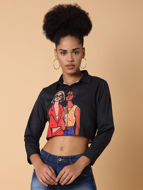 women printed long sleeves crop shirt - 21463503 - Standard Image - 0