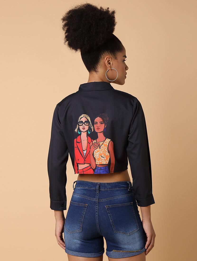 women printed long sleeves crop shirt - 21463503 - Standard Image - 2