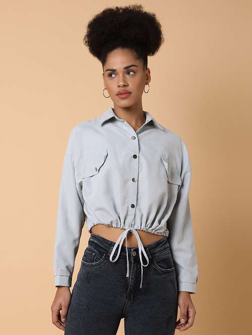 women solid long sleeves crop shirt - 21463513 - Standard Image - 0