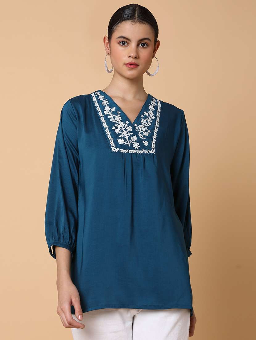 women teal embroidered a-line kurti
