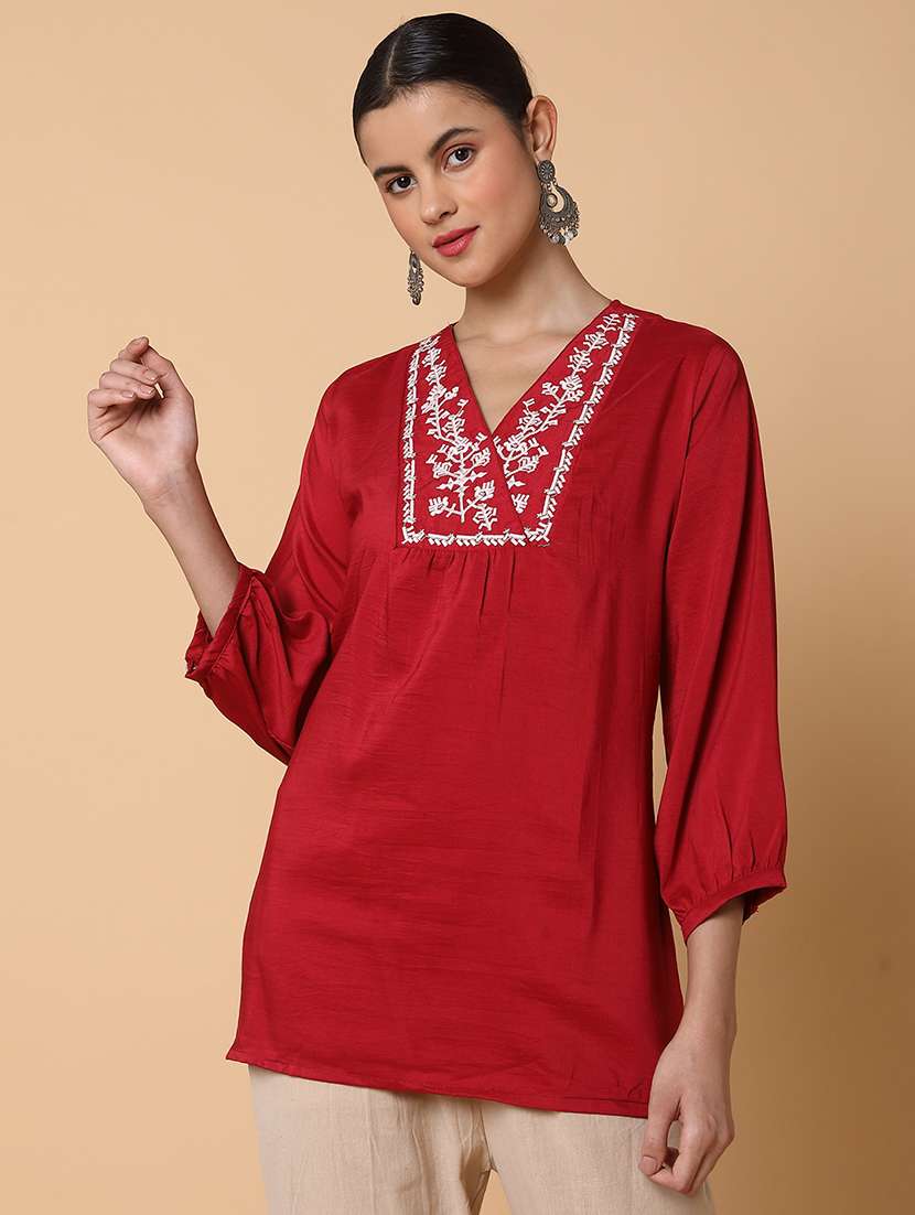 women maroon embroidered a-line kurti
