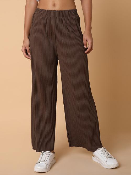 brown solid lycra wide leg trouser - 21463598 -  Standard Image - 0
