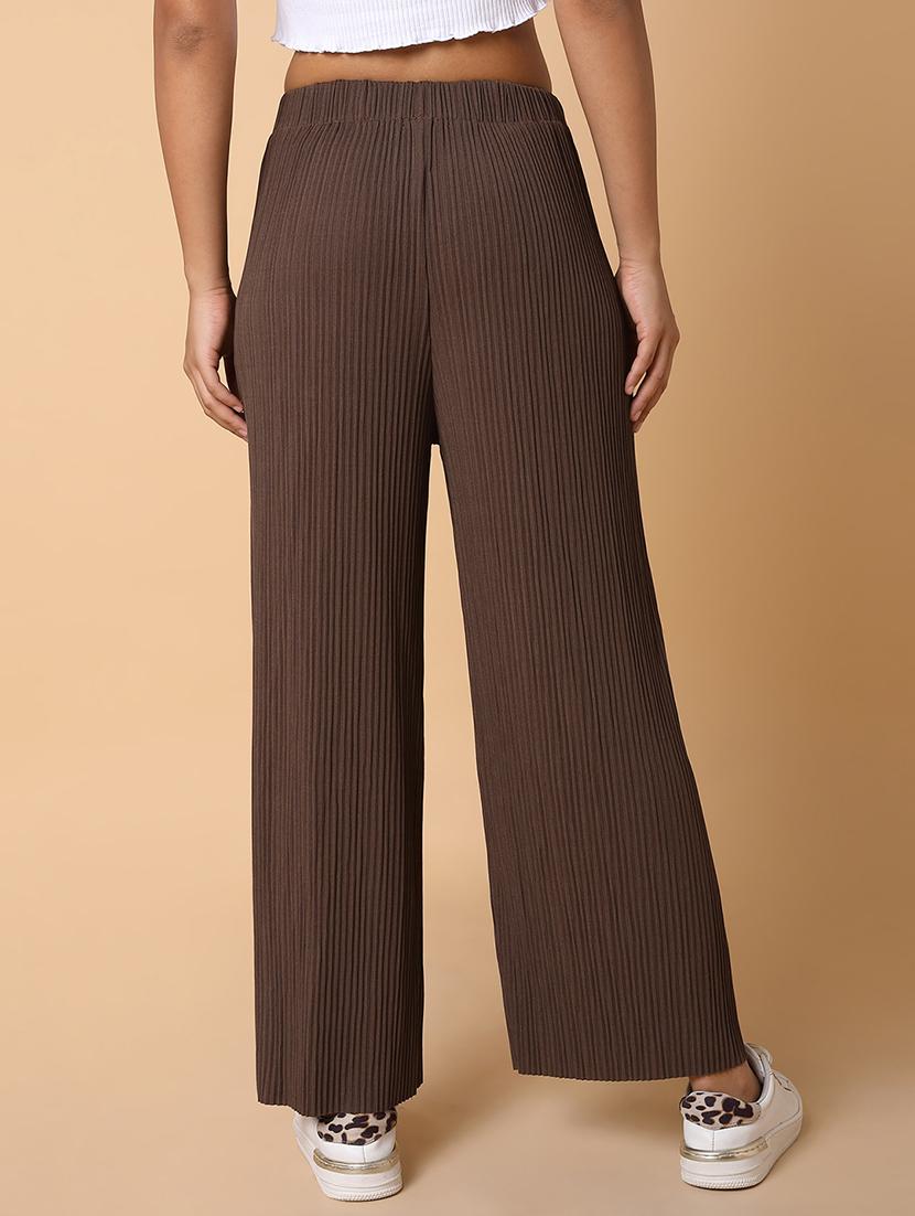 brown solid lycra wide leg trouser - 21463598 - Standard Image - 2
