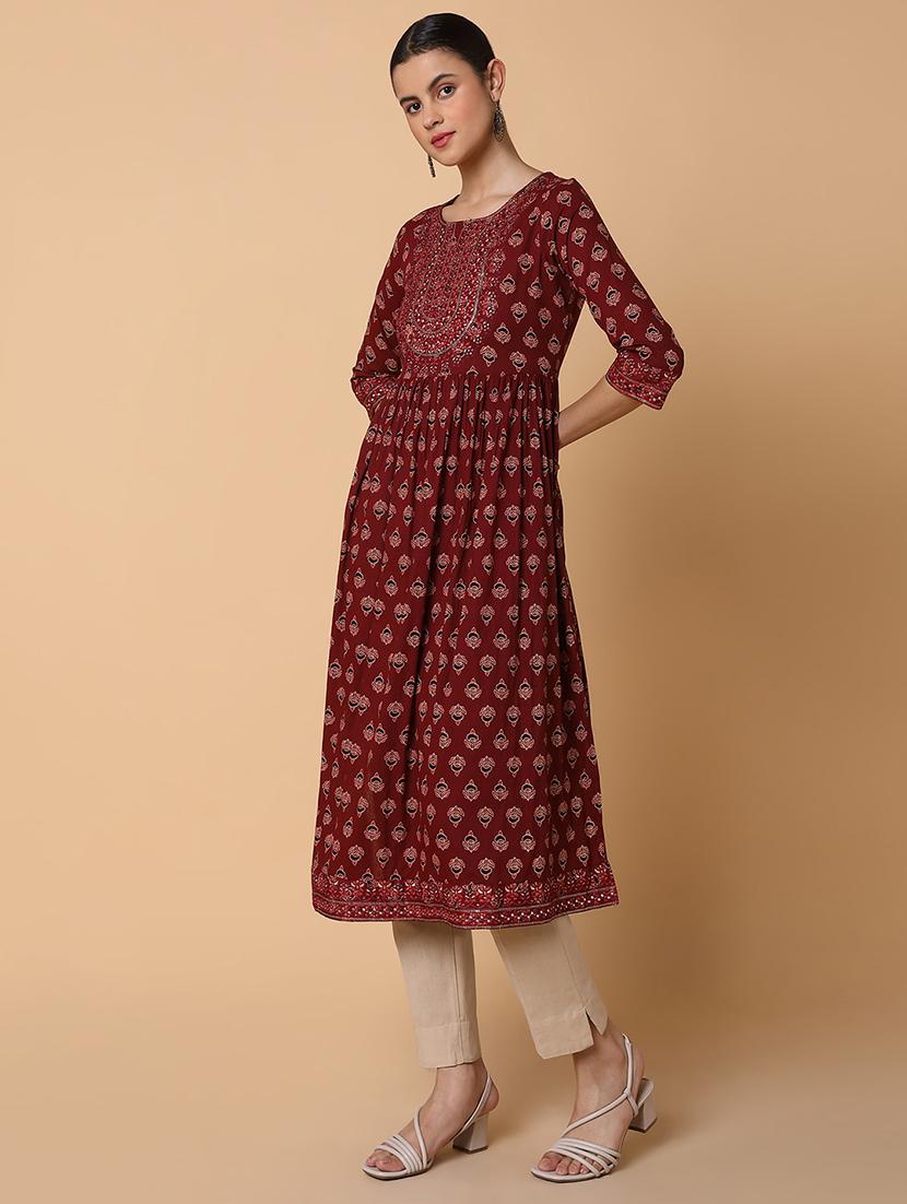women three quarter sleeve flared kurta - 21463640 - Standard Image - 2
