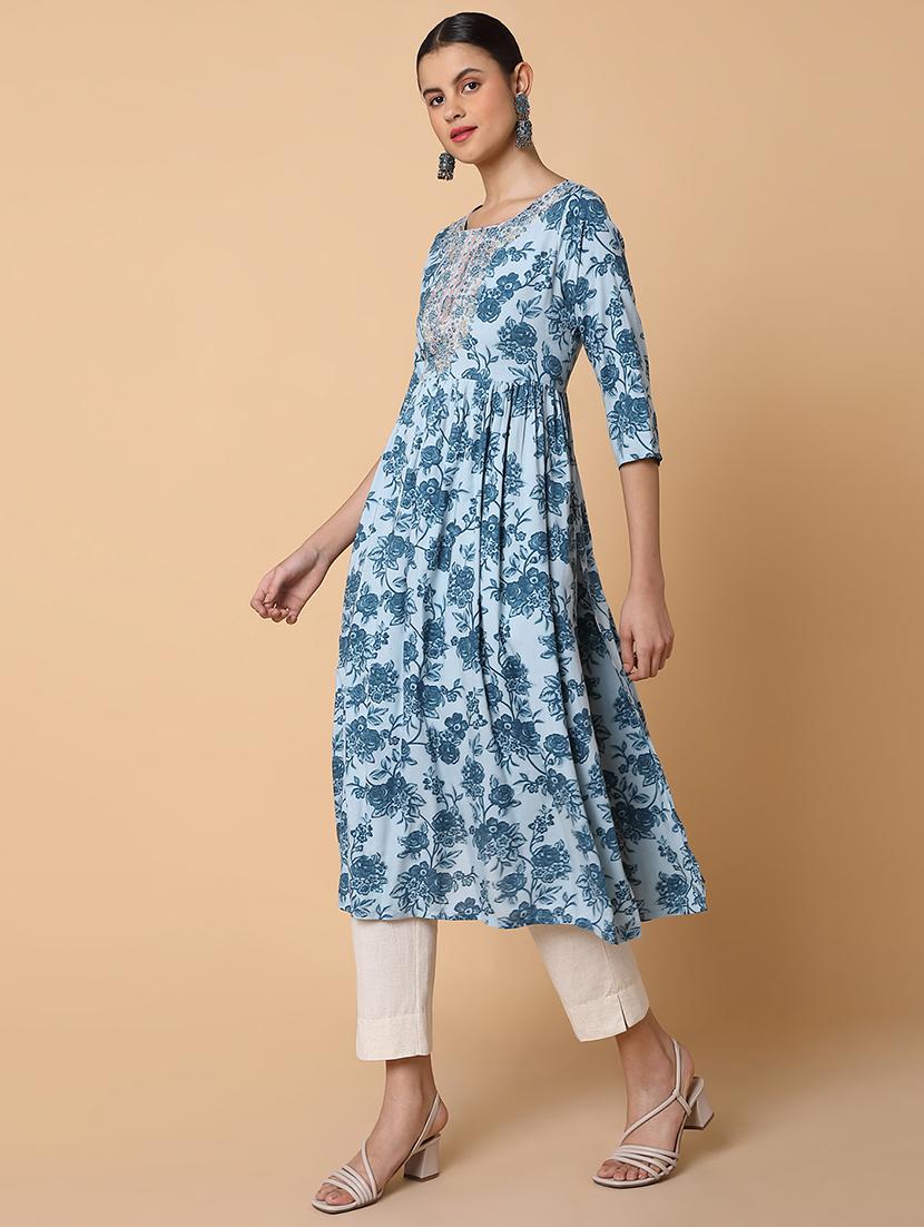 women three quarter sleeve flared kurta - 21463643 - Standard Image - 2