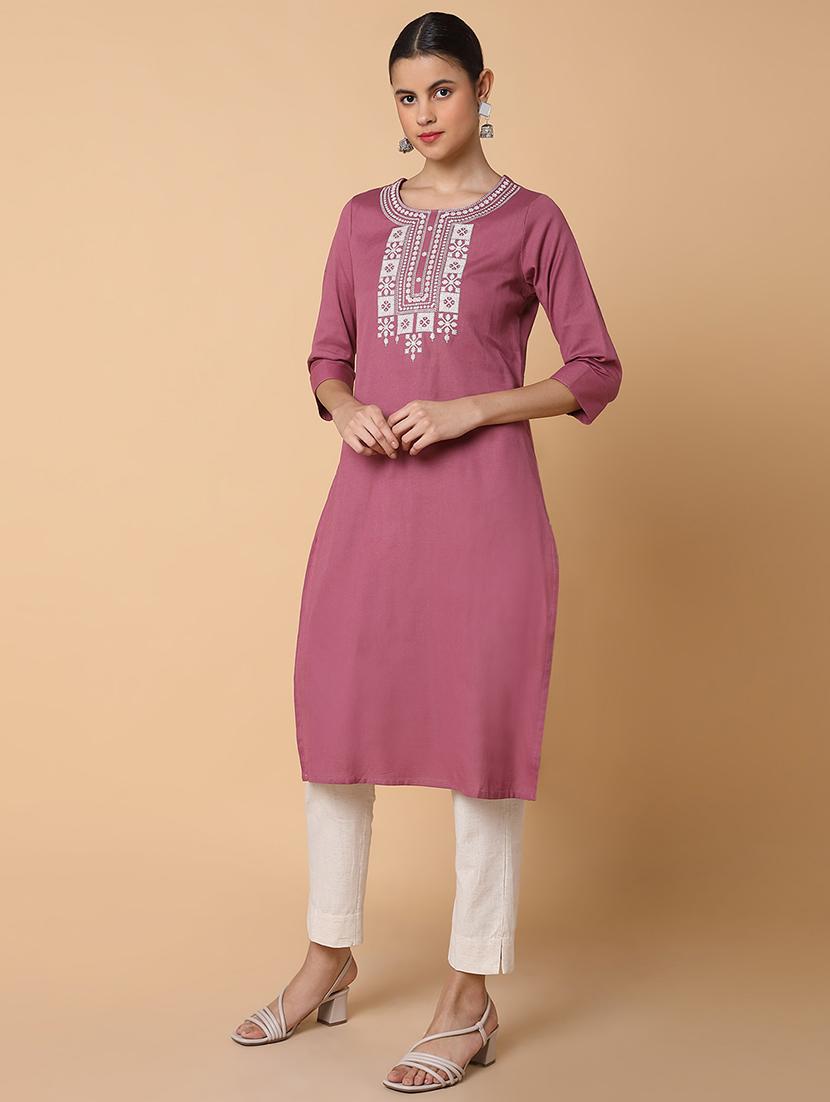 women three quarter sleeve straight kurta - 21463651 - Standard Image - 2