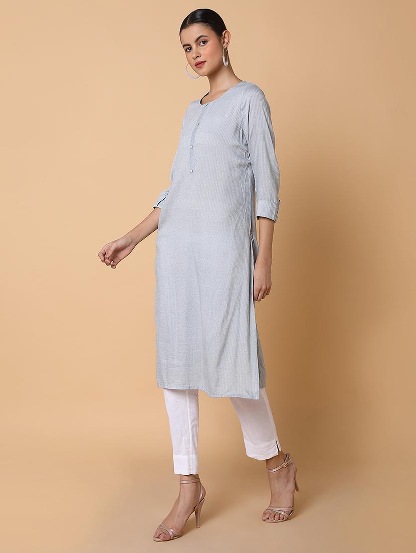 women three quarter sleeve straight kurta - 21463654 - Standard Image - 2