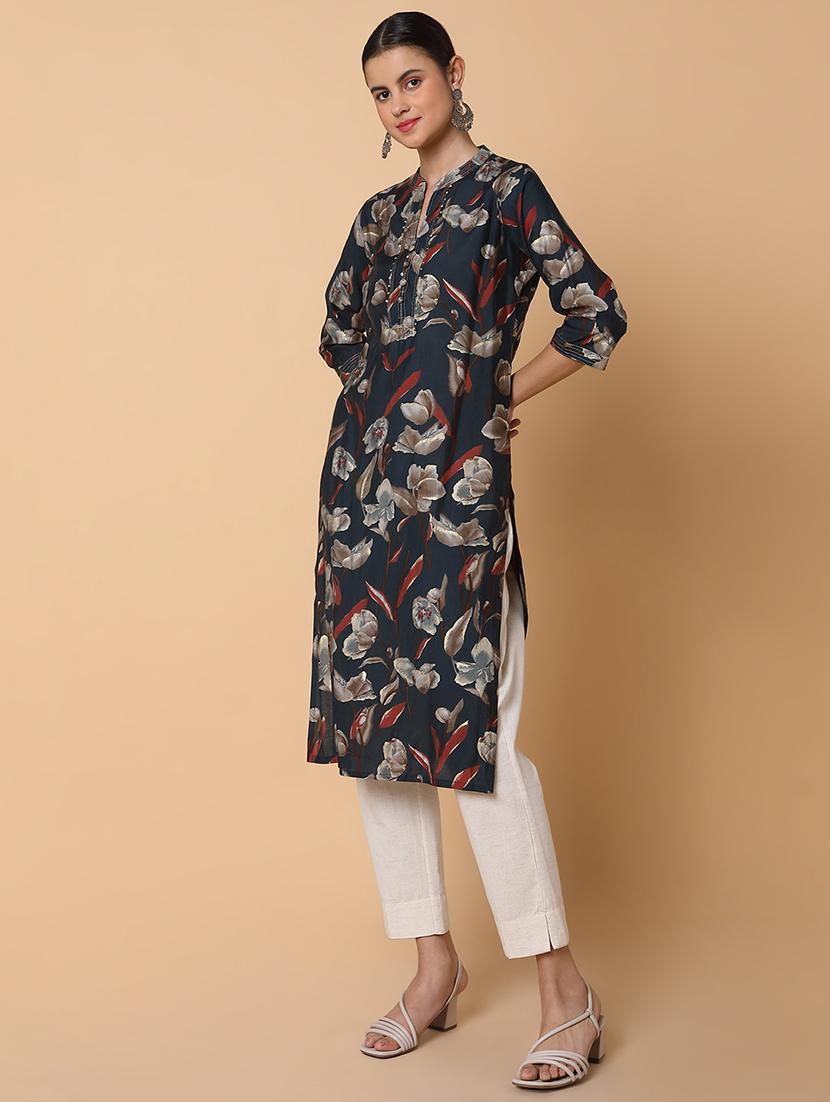 women three quarter sleeve straight kurta - 21463665 - Standard Image - 2
