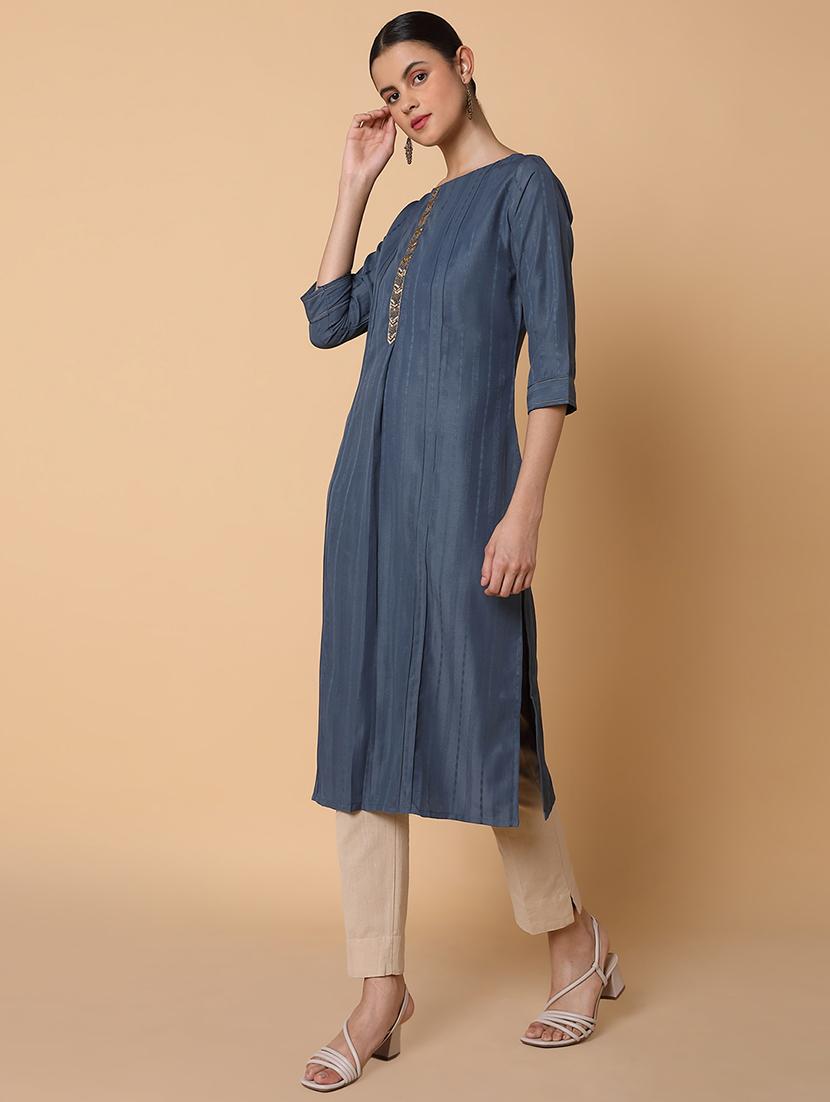 women three quarter sleeve straight kurta - 21463690 - Standard Image - 2