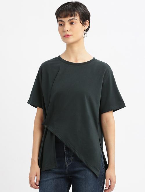 women solid short sleeves asymmetric top - 21463792 - Standard Image - 0