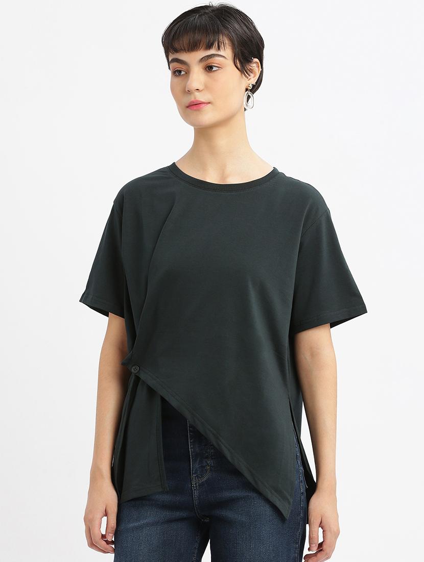 women solid short sleeves asymmetric top - 21463792 - Zoom Image - 0