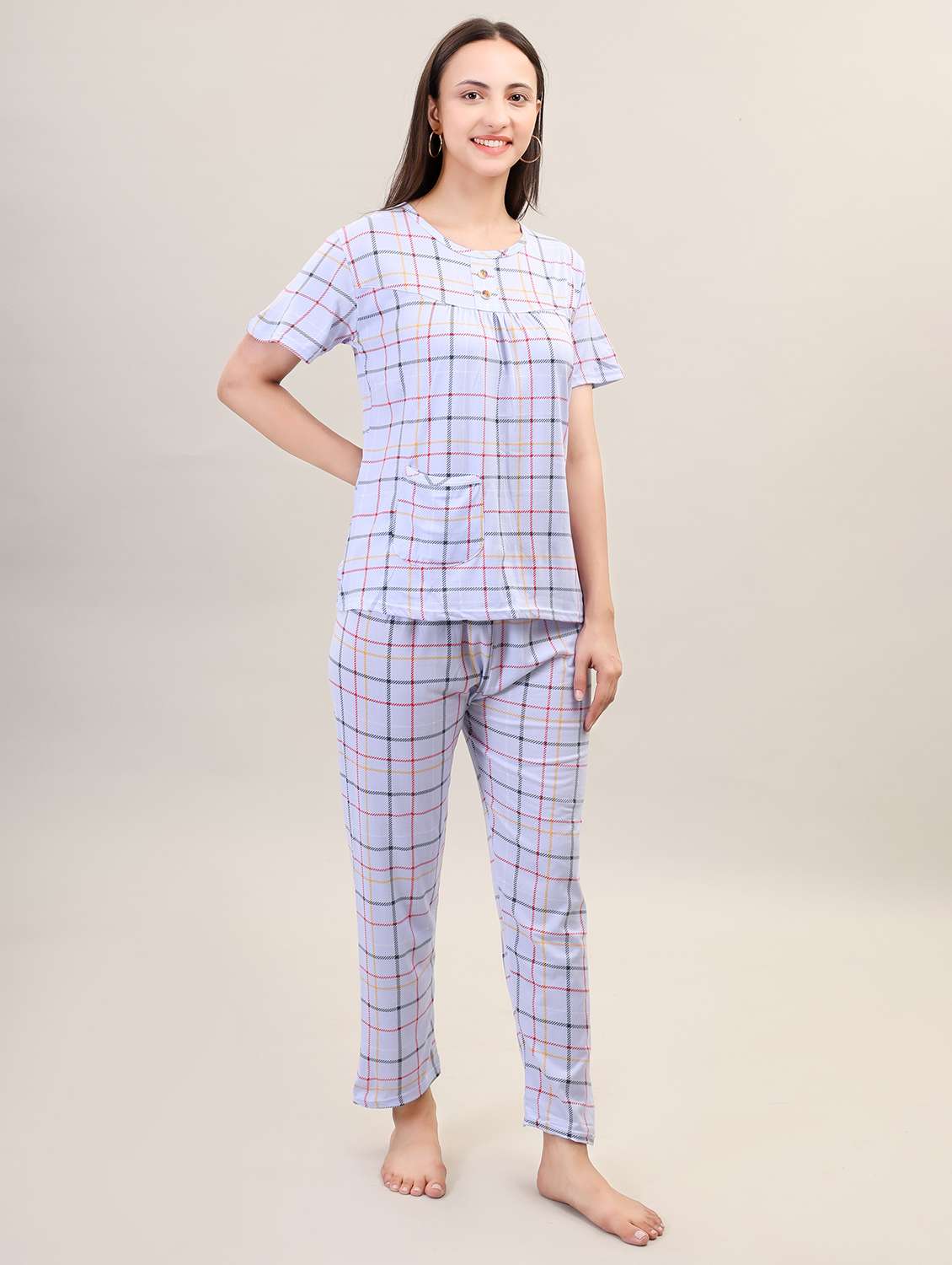 women short sleeve checks pyjama nightwear set - 21465516 -  Standard Image - 2