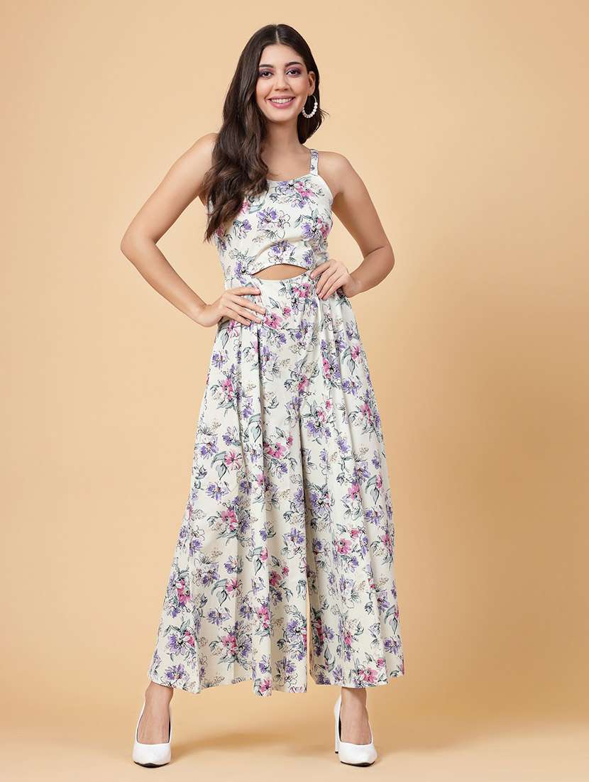 white floral printed full leg jumpsuit