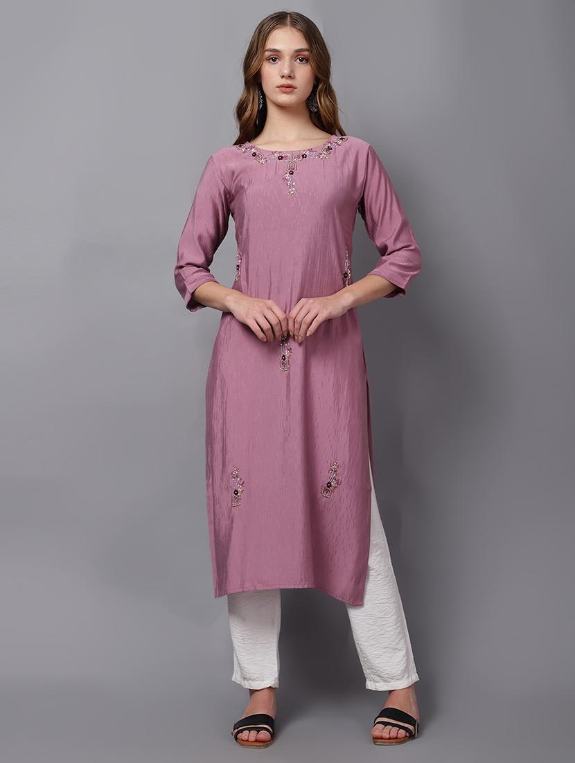 lavender self-designed straight kurta - 21467409 - Zoom Image - 0