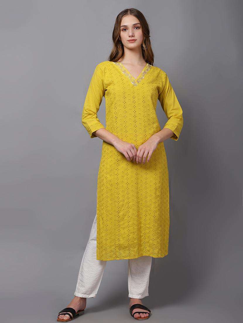 women mustard v neck schiffli straight kurta - 21467411 -  Standard Image - 2