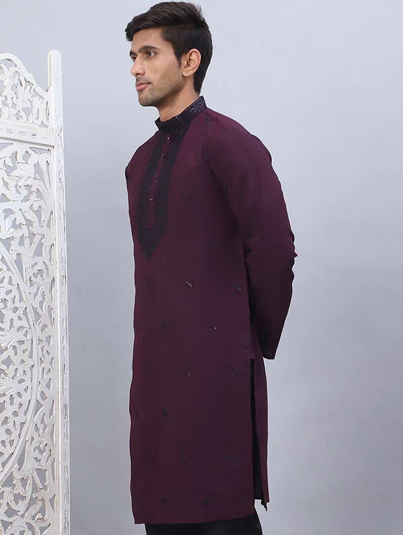 men solid with work mandarin neck long kurta - 21467714 -  Standard Image - 2