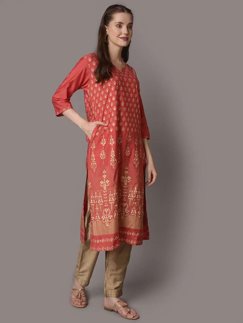 women three quarter sleeve straight kurta - 21468038 -  Standard Image - 2