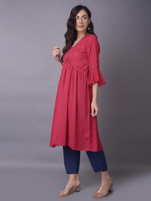 women v-neck embroidered flared kurta - 21468061 -  Standard Image - 0