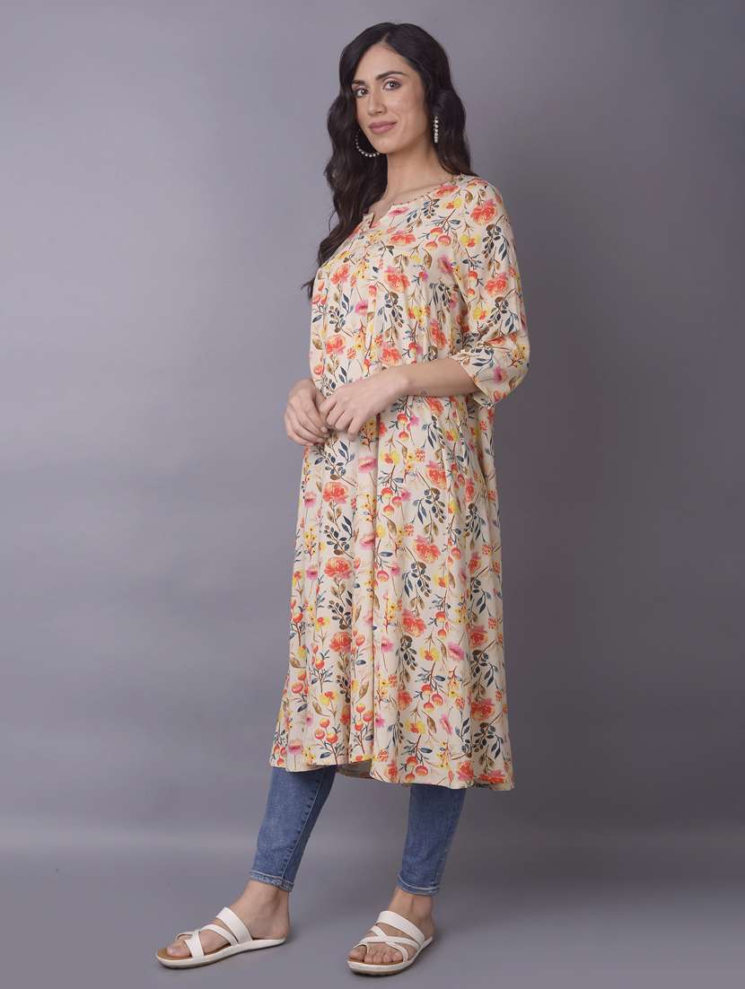women beige floral printed a-line kurta - 21468070 -  Standard Image - 2